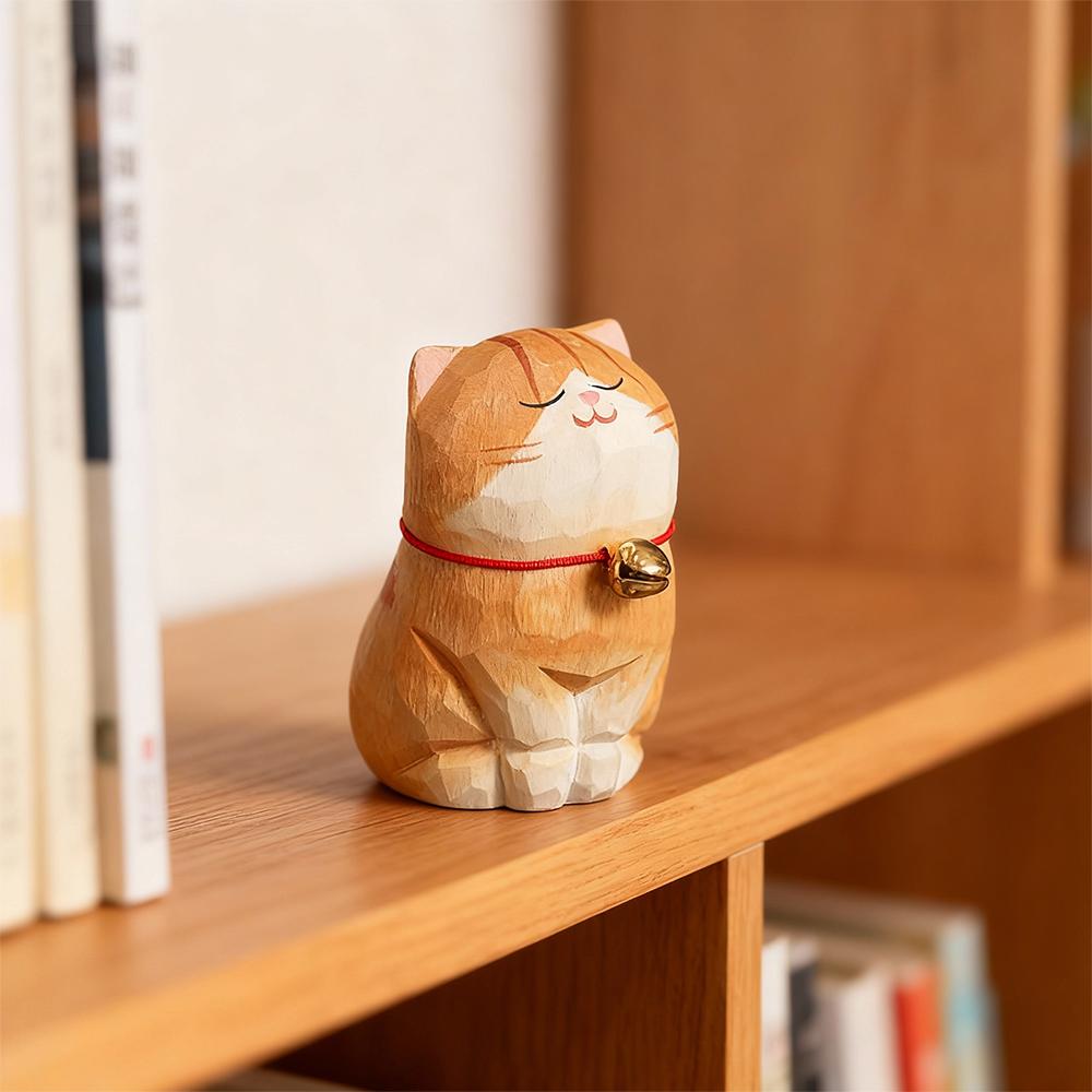 Милая фигурка кошки Животные Декоративное деревянное украшение Статуэтка котенка Трехцветная Кофе Дом Спальня Офис Настольное украшение Подарок Автомобиль