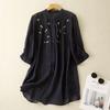 Floral Embroidery Long Shirts Women O Neck Casual Cotton Linen Shirt Loose Summer Blouses Sum Protection Tops