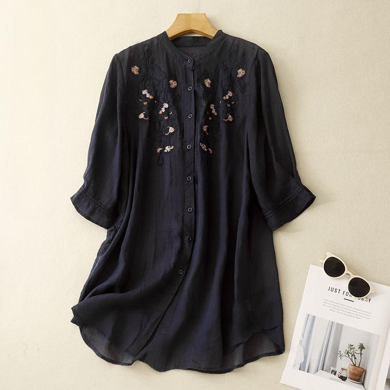 Floral Embroidery Long Shirts Women O Neck Casual Cotton Linen Shirt Loose Summer Blouses Sum Protection Tops