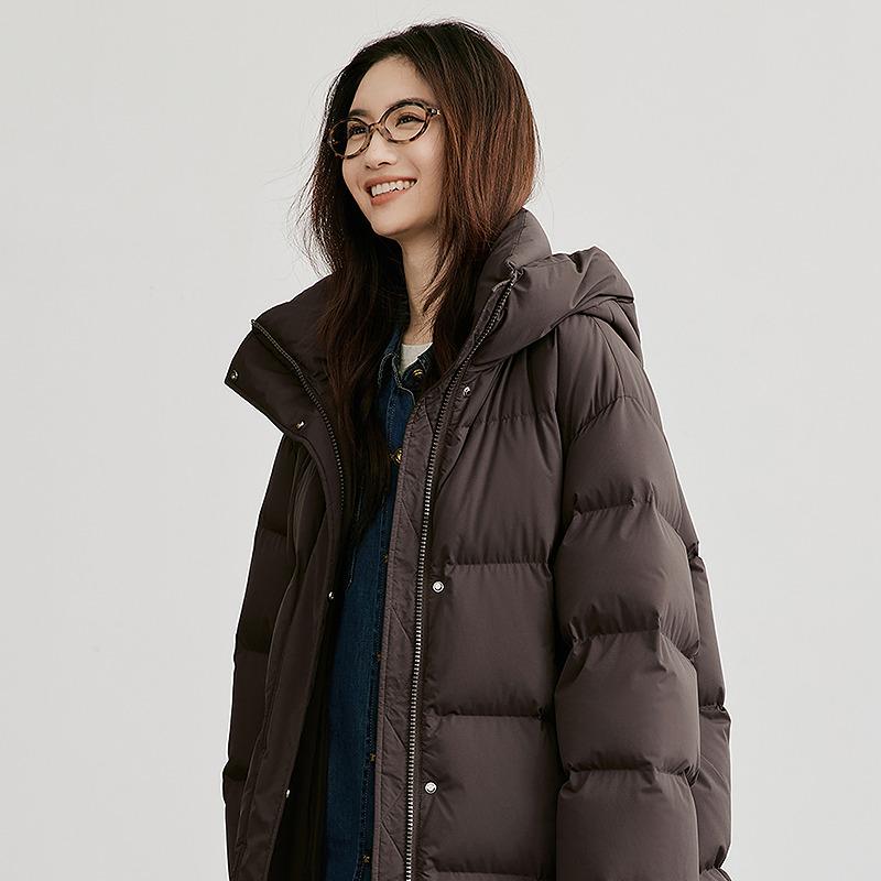 Falling shoulder double zipper stand up collar hooded cloud down jacket