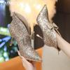 Bow Bling Women Ankle Boots Pointed Toe High Heels Elegant Shoes 2025 Trend Winter Fad Dress Pumps Designer Goth Botas De Mujer