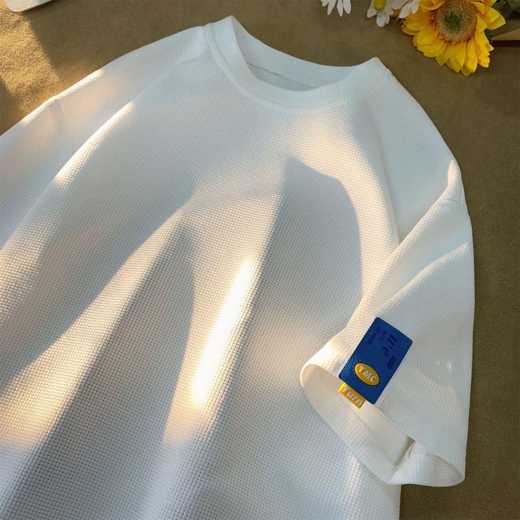 Мужская футболка с коротким рукавом из плотной вафельной ткани, летняя простая свободная однотонная футболка в гонконгском стиле