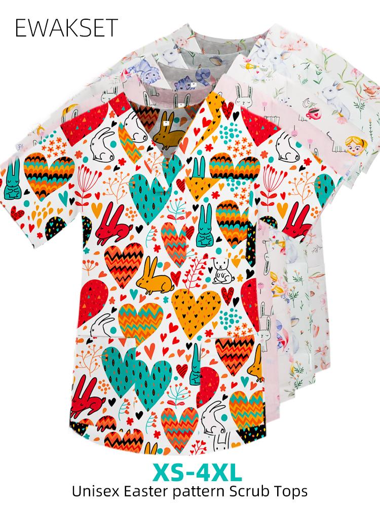 Узор пасхальных кроликов, медицинская униформа из 100% хлопка, медицинская блузка для медсестры, врача, футболка с V-образным вырезом и коротким рукавом, женская, мужская, хирургическая, топы