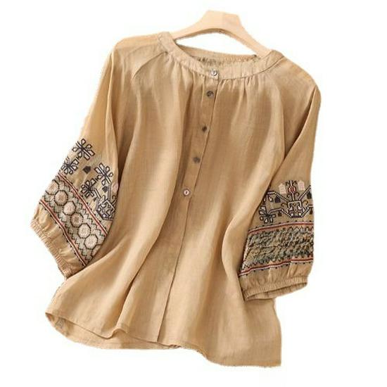 Женская рубашка в стиле ретро из хлопка и льна с вышитыми рукавами-фонариками (Весна/Лето 2024)