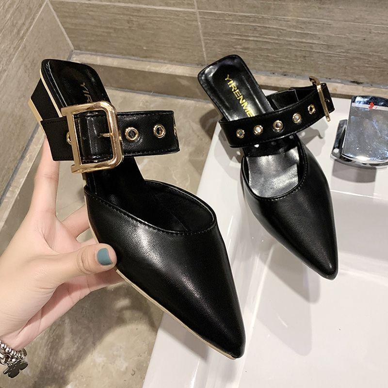 Pointed Half Slippers Women's Outer Wear Spring New Versatile Thick Heel High Heels Bag Head Cool Slippers