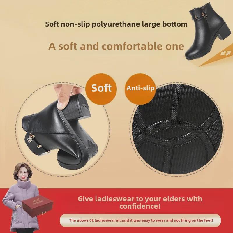 Зимние кожаные ботинки на среднем каблуке для женщин среднего возраста — теплые, нескользящие, с бархатной подкладкой.