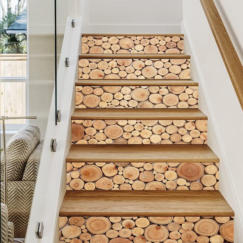 WTEMPO 2 Roll 6 Kinds of Wood Growth Rings Pattern Removable Self-Adhesive Stair Stickers Peel and Stick Renovation Stair Decals Stick Stickers