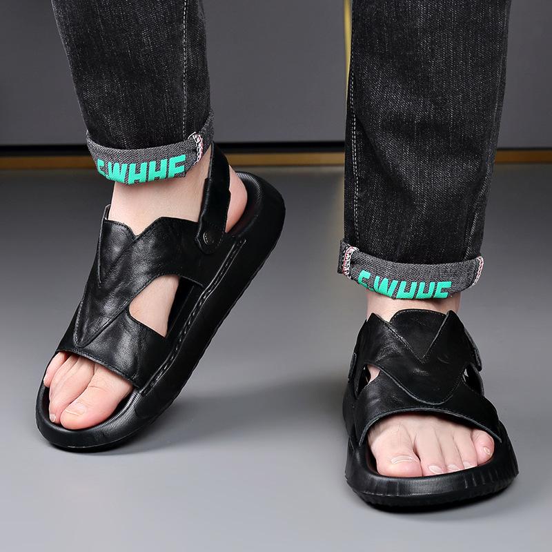 Fashion Genuine Leather Sandals for Men 2005 Summer New Designer Dual-use Black Slipper Shoes Male Fashion Casual Light Beach Shoes Man