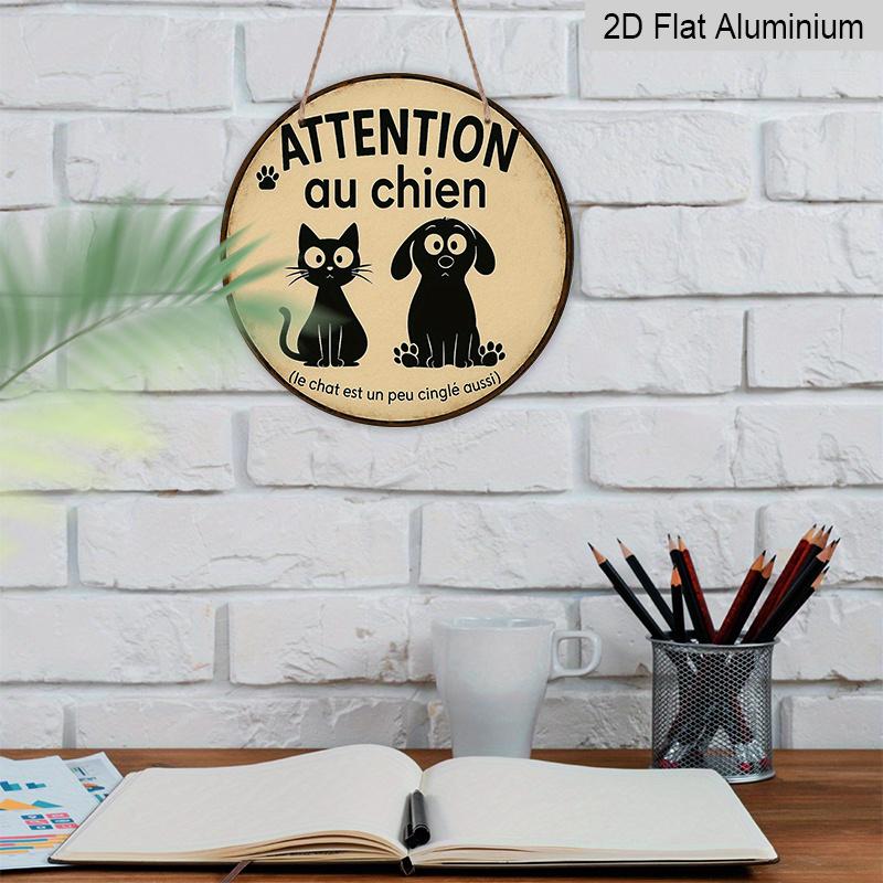 2D Flat, 1pc 7.87 Inch Round French Aluminum Sign, "Beware of Dog" Vintage Decorative Plaque, Pet Cat and Dog Reminder Decorative Art, Suitable for
