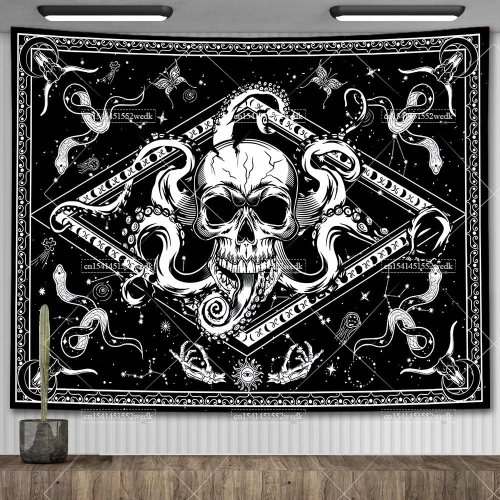 Гобелен со скелетом и бабочкой, черно-белый череп, грибной гобелен, хиппи, эстетический декор комнаты, настенные фоновые полотна