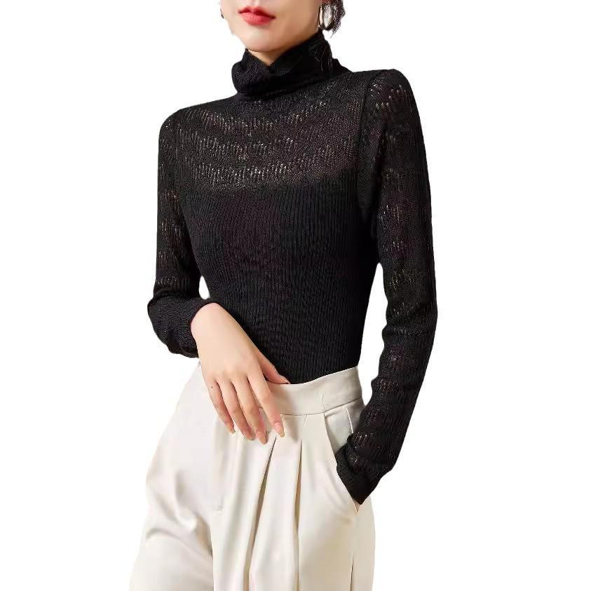 Autumn/Winter Slim Fit Knit Sweater with Hollow Design & Turtleneck