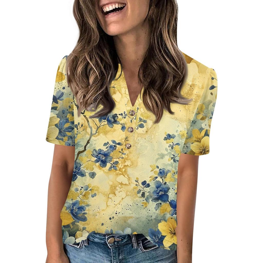 Women's Fashionable Casual Short Sleeve Button Print V-Neck Pullover Top