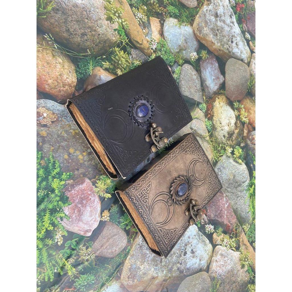 Book of Shadows, Leather Journal, Triple Moon Journal, Third Eye Crystal Stone, Gift for Him, Gift for Her, Leather Grimoire