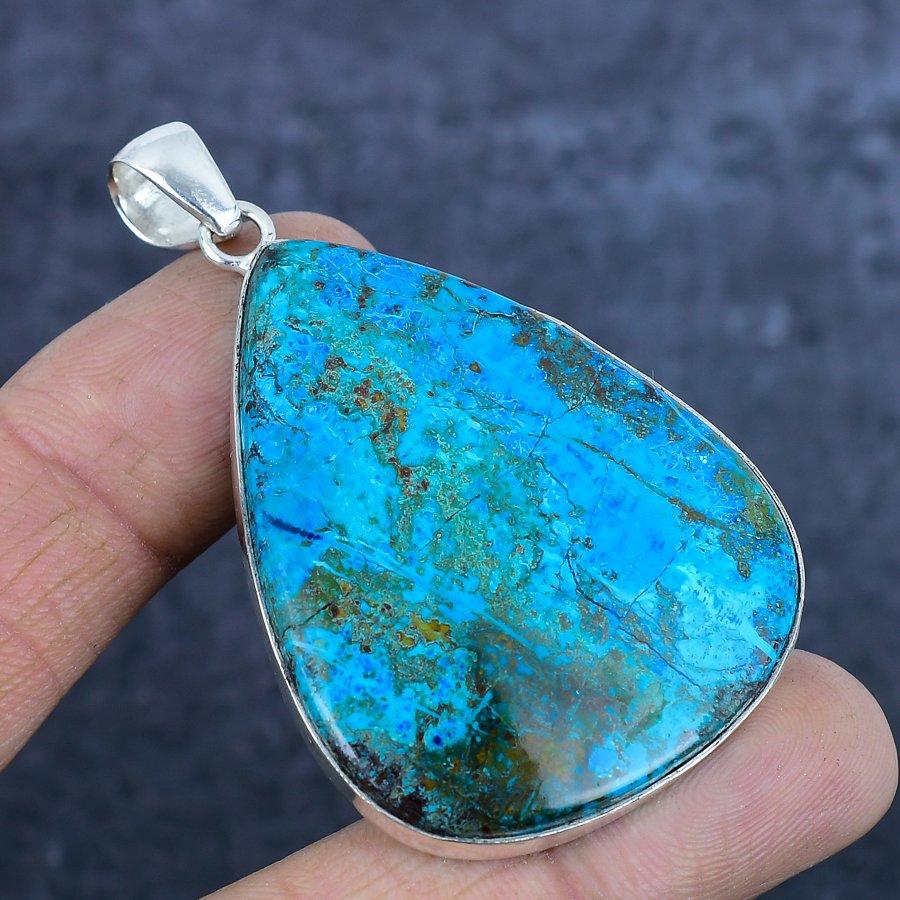 Подвеска из стерлингового серебра 925 пробы с натуральным драгоценным камнем хризоколлой 2,56 дюйма G9N53
