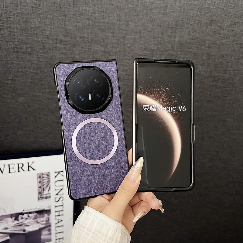 Чехол для Huawei Honor Magic V6, Роскошный ПУ-ткань, Магнитный, Беспроводная зарядка, Защитная задняя крышка, Чехол-оболочка для телефона Magic V6