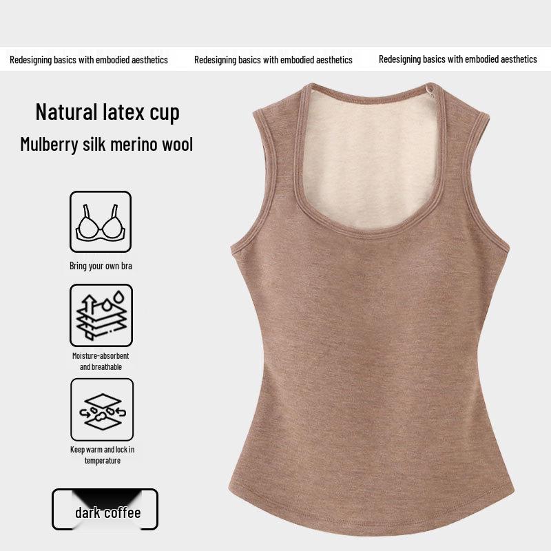 Mulberry Silk Merino Wool Fleece-Lined Vest for Women with Chest Pads and Cut-Out Shoulders, Velvet Inner Layer, for Autumn and Winter