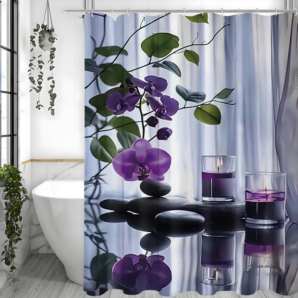 Zen Spa Healing Black Stone and Wisteria Shower Curtain, Bathroom Decorative Shower Curtain, Waterproof Shower Curtain with Hook
