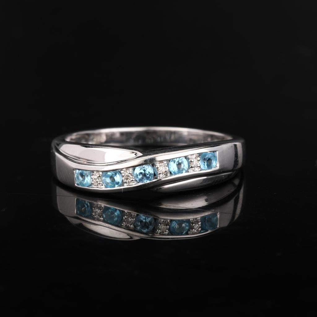 925 Sterling Silver Rhodium Ring Swiss Blue Topaz African Amethyst Blue Sapphire with White Diamond Accent Elegant Women Jewelry