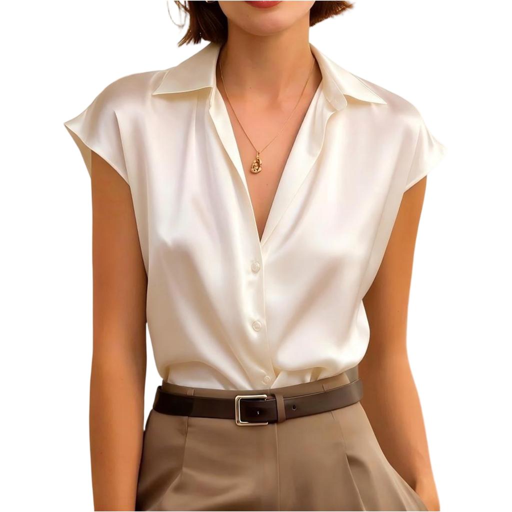 Womens Short Sleeve Button Down Satin Blouse with Lapel Collar and Loose Fit Suitable for Office and Casual Wear