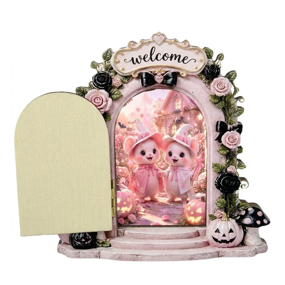 Openable Mini Wooden Ghost Door Figurine Rose Bow Welcome Ghost Door Craft Decor Home Decor
