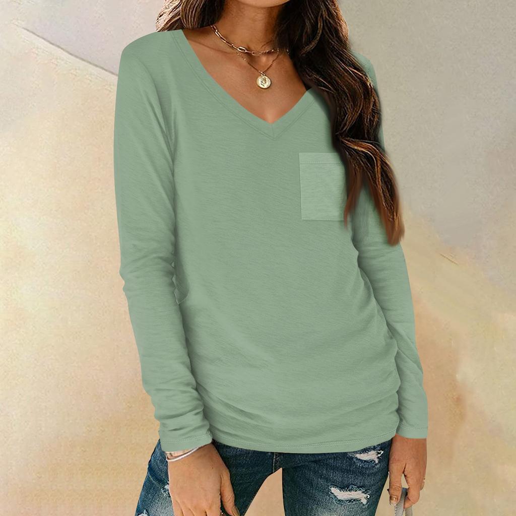 Women's Shirt V-Neck Casual Top With Pocket Fashion Solid Color Long Sleeve