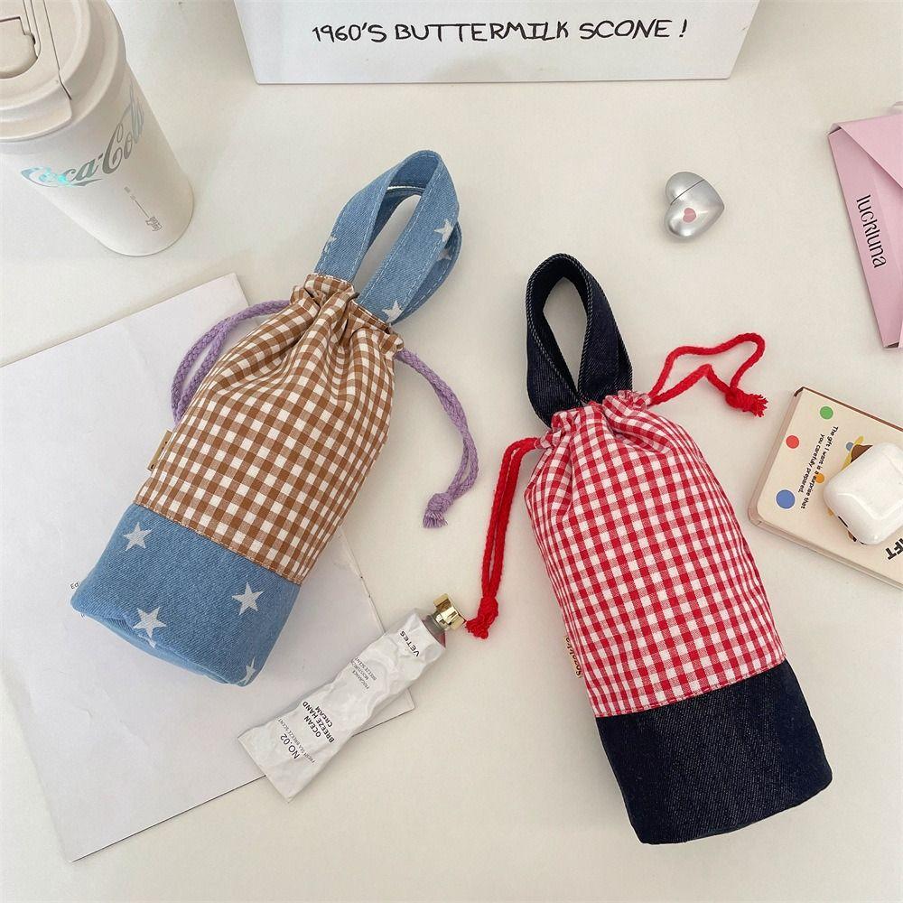 Outdoor Drawstring Canvas Cup Bag Grid Small Storage Bag Fashionable Water Bottle Cover  Outdoor