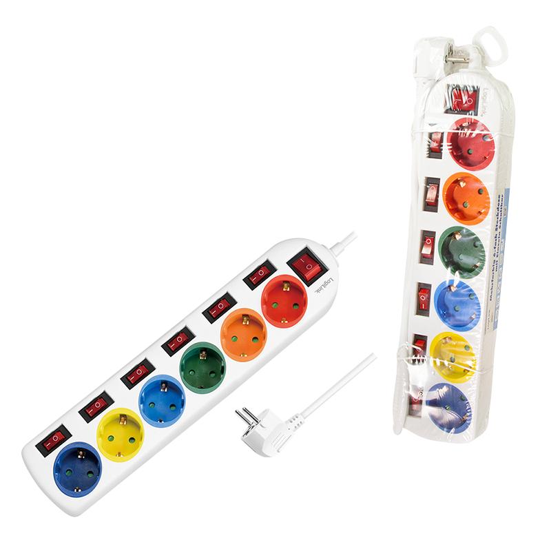 6-Way Power Strip with 7 Switches, CEE 7/3, Multicolor