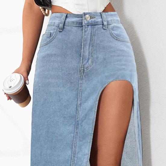 Женская макси-юбка с высокой талией и боковым разрезом, джинсовая юбка, сплошная цветная длинная юбка, на пуговицах, на молнии, юбка с карманами
