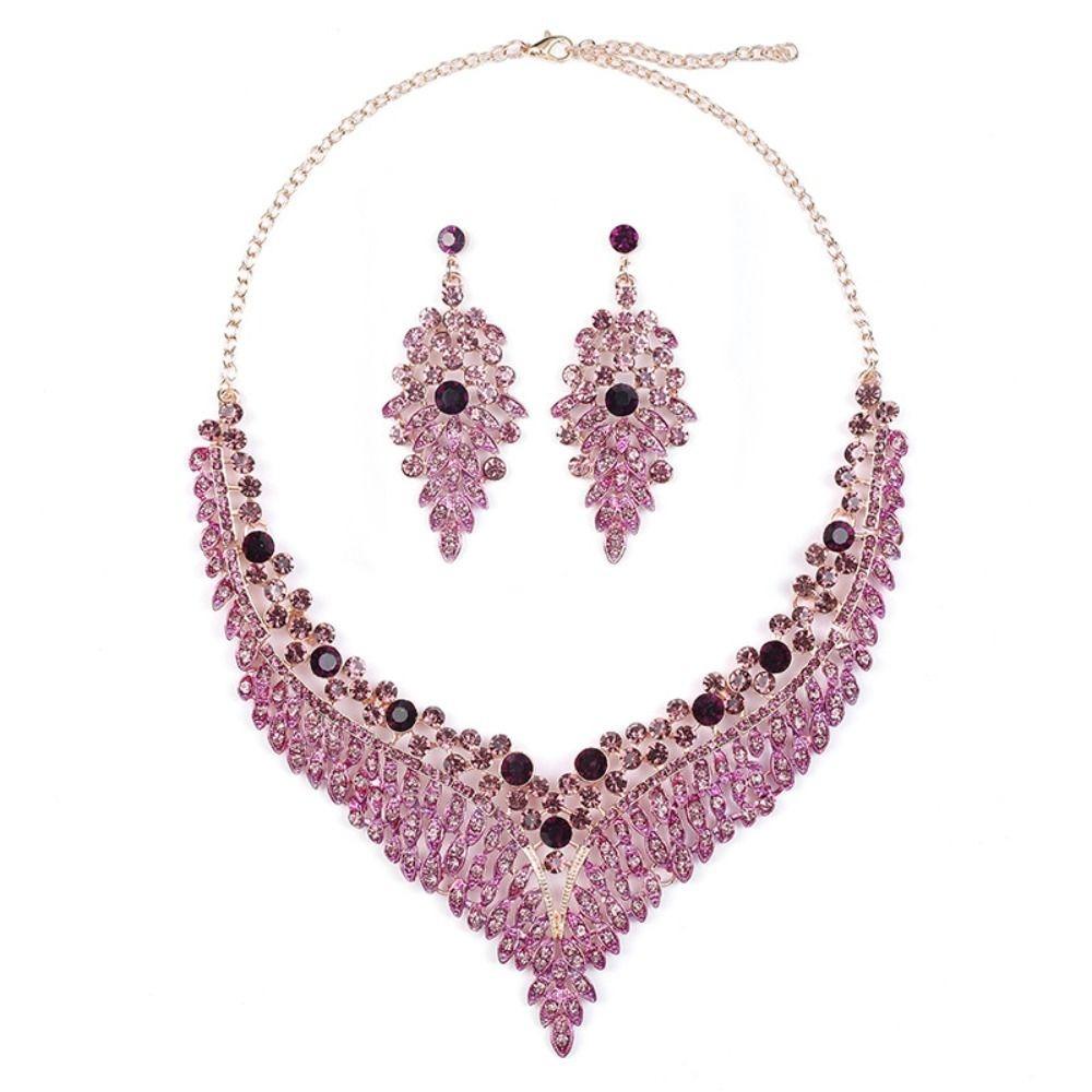 3Pcs Purple Necklace Earring Set Luxury Crystal Jewelry Set Fashion Stud Earrings Choker Set Women
