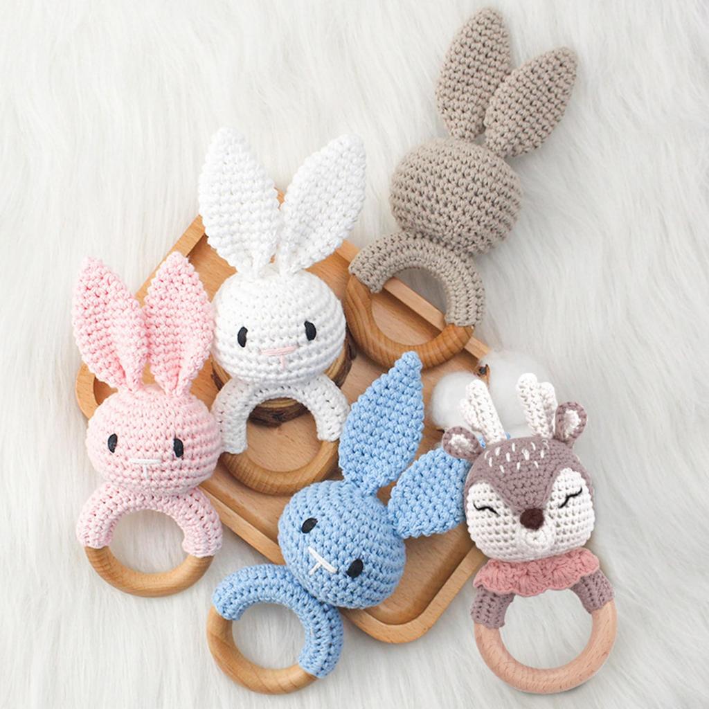 Shinse Rattle Stuffed Animal Crochet Toy Bell Holder Brain Development Animal Wooden Beechwood Prevents Licking Fingers Toddler Baby Newborn Gift
