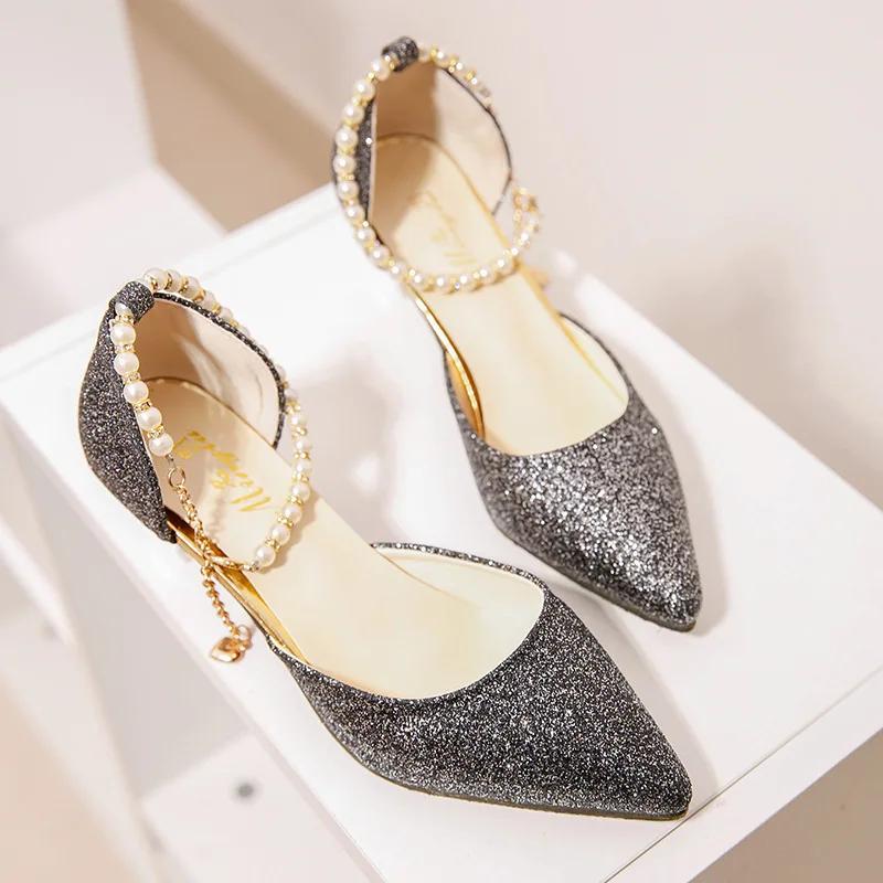 Sexy Women High Heels Pointed Toe Pearl Party Shoes Women Fashion Designer Sandals Luxury Bling Women's Pumps Sandalias De Mujer