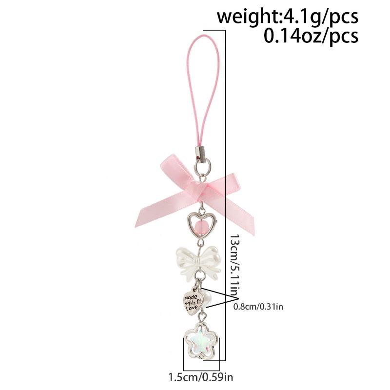 Fashion Sweet Y2K Girls Ribbon Bow Beaded Keychain Alloy Love Heart Star Rabbit Strawberry Pendant Pearls Glass Beads Chains Jewelry Accessories