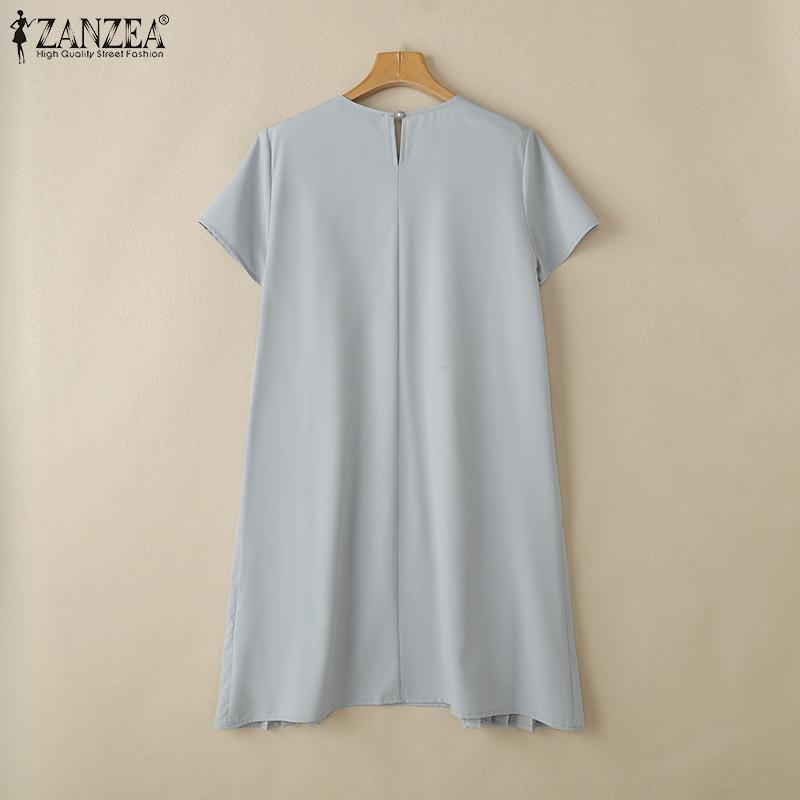 ZANZEA Женское повседневное платье с круглым вырезом и коротким рукавом