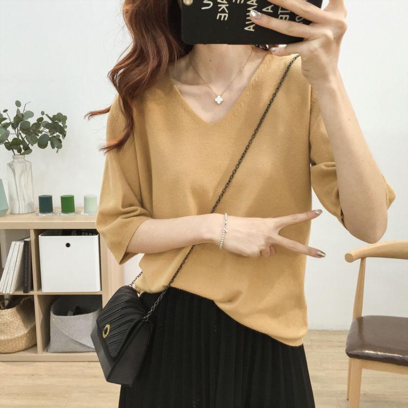 2025 Summer V-Neck Knit Short Sleeve Women's Slimming Top