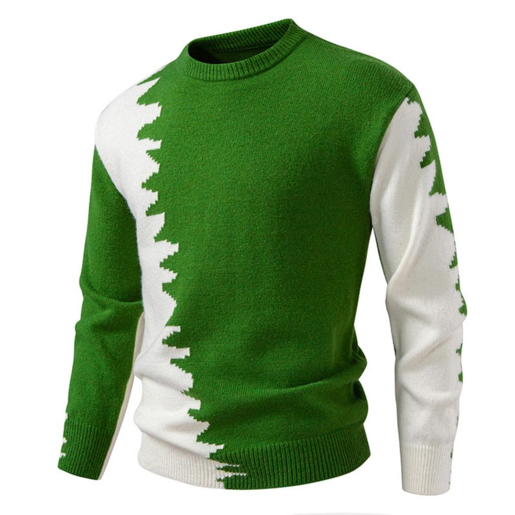 Men's Casual And Trendy Color-blocked Warm Sweater, Fashionable Pullover, With A Round-neck Knitted Sweater Inside