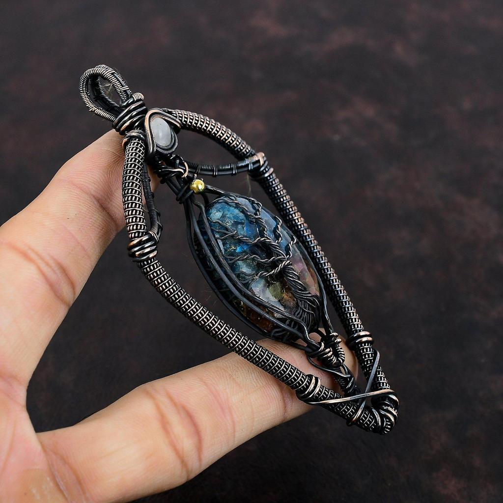 Подвеска «Дерево жизни» с арбузным турмалином, медная проволока, подвеска с лунным камнем, подвеска из драгоценного камня, ручная работа, медная проволока, подарок для него