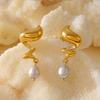 French Retro Fashion Spiral Freshwater Pearl Earrings Stainless Steel Plated 18K Real Gold Ocean Style Ear Jewelry