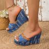 2024 Summer New Cowboy Slippers Women Fashion Retro Wedge Platform Beach Shoes Female Peep High Heels Sandalias Mules 35-42