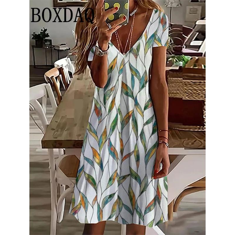 Женский сарафан миди платье с коротким рукавом цветочный принт летние повседневные свободные платья с V-образным вырезом больших размеров 2024 женская одежда Vestidos