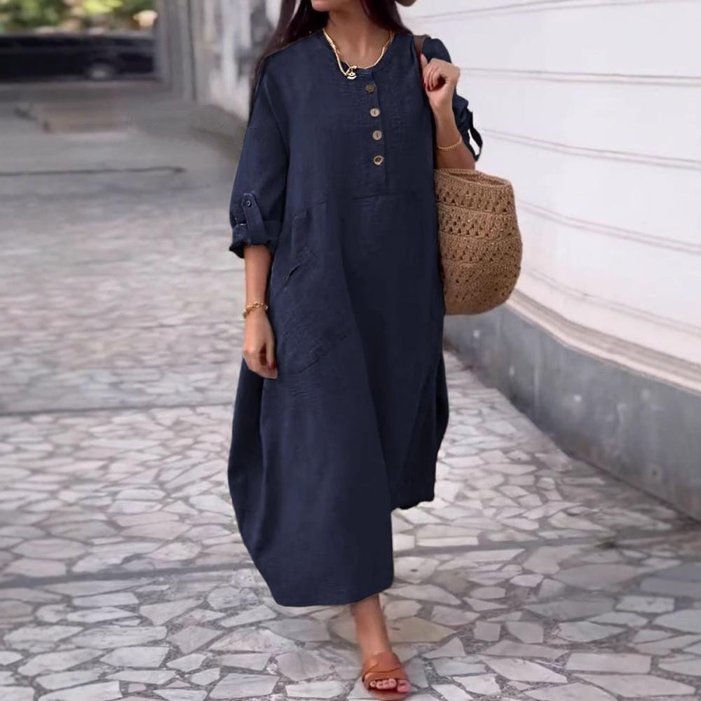 Casual Loose O Neck Pocket Women's Cotton Linen Dresses Spring Summer Solid Color Simple Female Vacation Dress