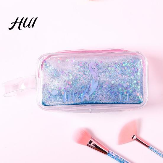 Cute Cartoon Pencil Case Shiny Transparent PVC Makeup Bag Waterproof Travel Cosmetic Wide Edge Storage Pouch Glitter Sequin for Pens Brushes Quicksand