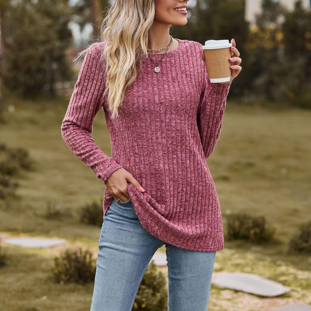 Осенний женский трикотаж Одежда женская повседневная Круглый вырез Матовый полосатый свитер Однотонный топ Длинный рукав Футболка