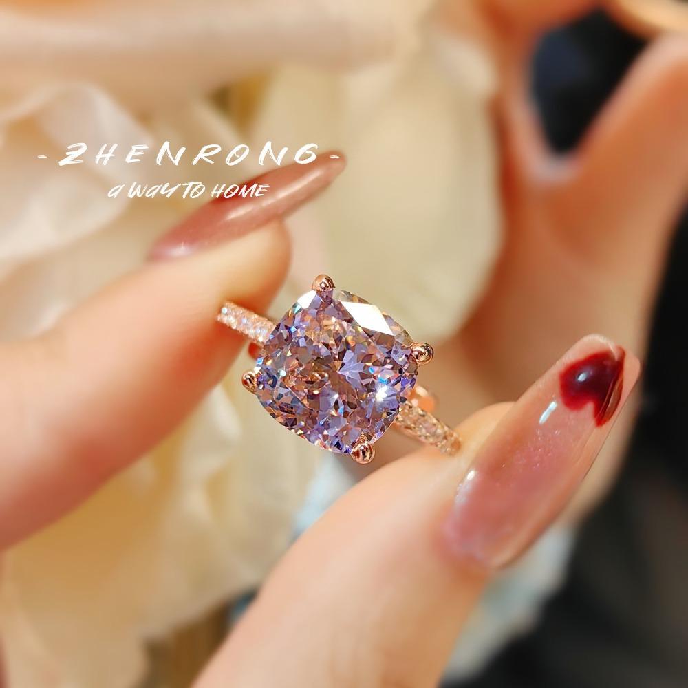 Premium Ice Cut Cushion Ring for Women Caramel Purple High Carbon Diamond Rose Gold Wedding Jewelry