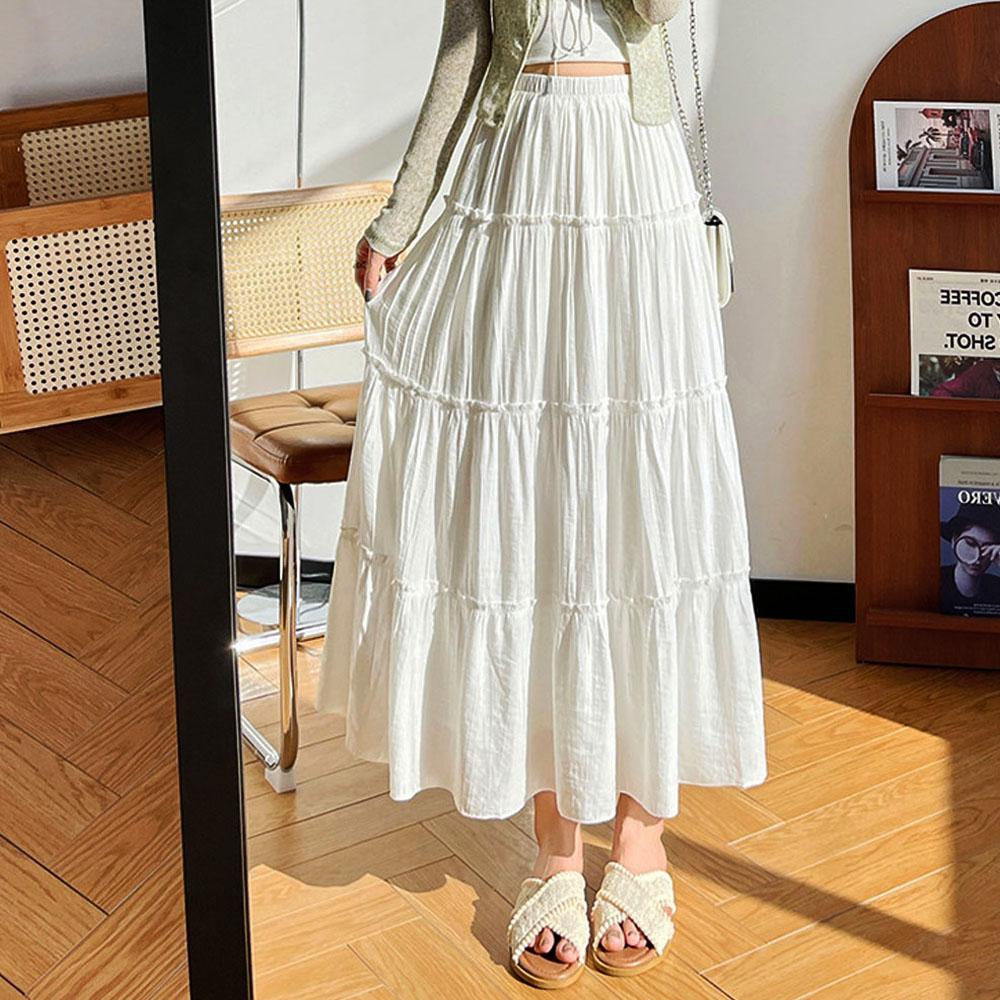 White Summer Clothing High Waist Long A-Line Pleated Skirts Cake Dress Tutu Puffy Skirt Streetwwear Sweat Girls
