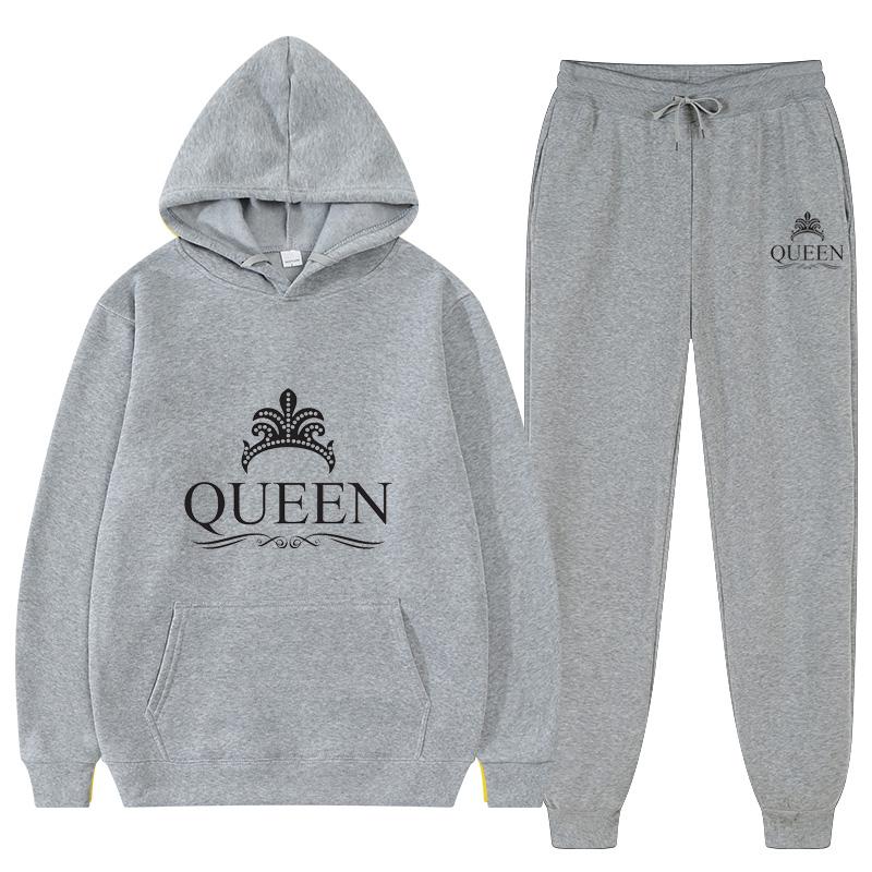 2023 Спортивный костюм для пары, модная толстовка с капюшоном и спортивными штанами с принтом KING или QUEEN, повседневный спортивный костюм для мужчин и женщин, спортивный костюм для шоппинга на открытом воздухе