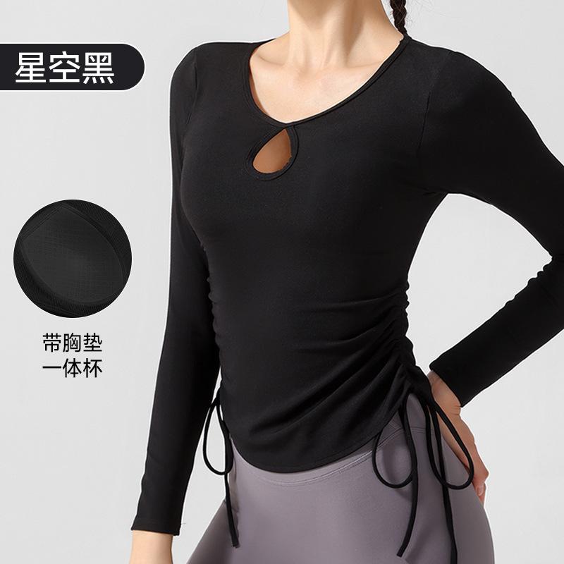 Autumn new tight yoga clothes top high-end sense with chest pad fitness long-sleeved women's drawstring pleated sports T-shirt
