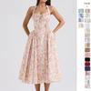 Fit Flare Halter Maxi Dress Floral Print Lace Trim Elegant
