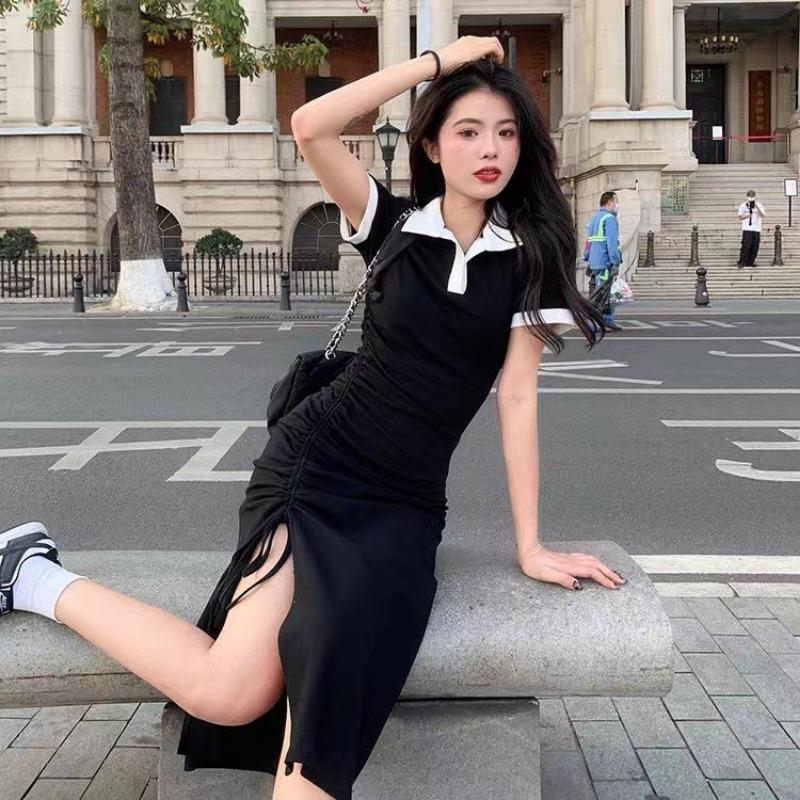 Women's Dress Summer Sexy Slit Waist Slim-fit Bag Hip Midlength Dress