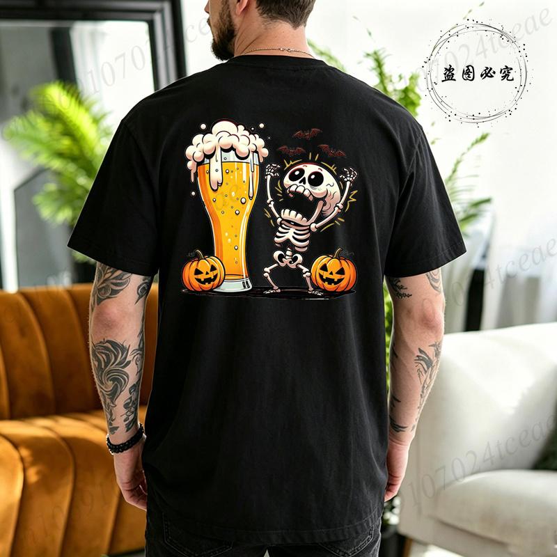 Funny Drinking Graphic Unisexs Tshirts Halloween Crazy Skeleton Beer Print T Shirt Pumpkin Bat Spooky Season Shirt Skull Beer Top