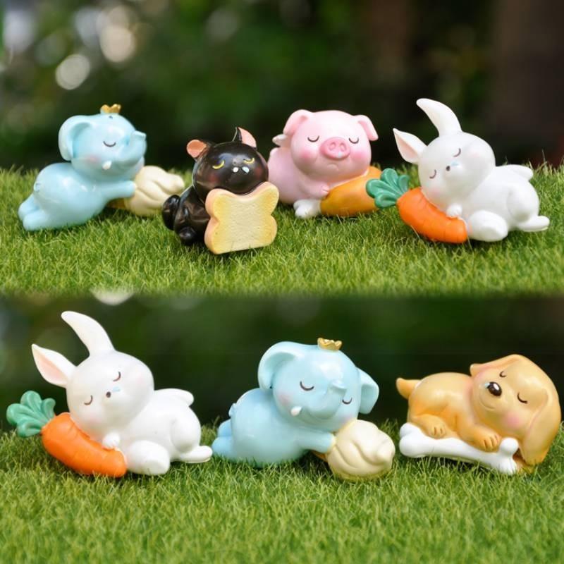 Cartoon Style Resin Sleeping Animals Pig Rabbit Cat Dog Miniatures For Fairy Gardens